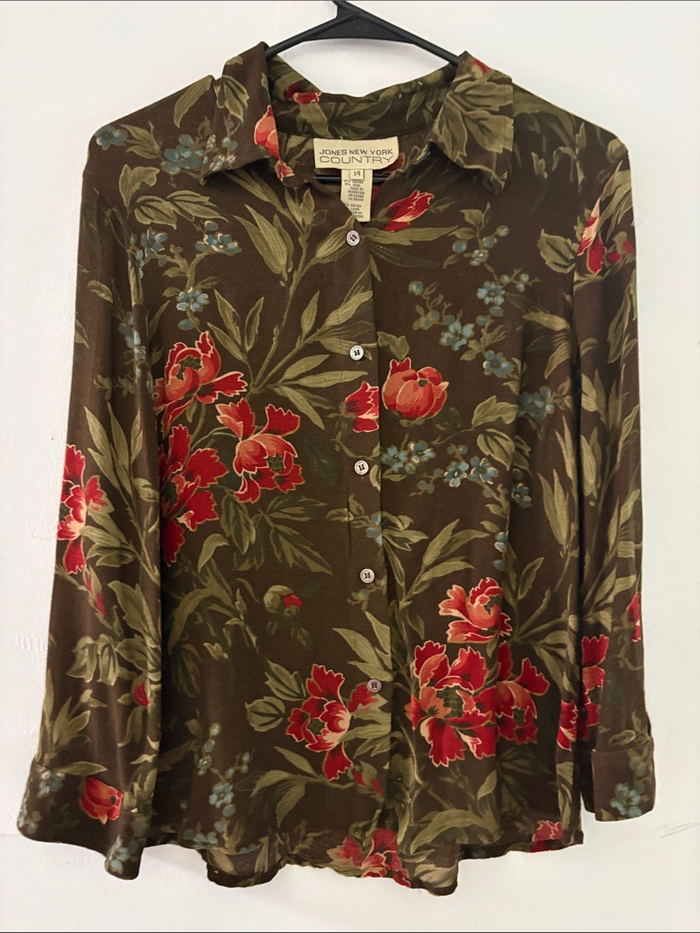 Jones New York Country Floral Button-Down Blouse - Olive & Red size 14